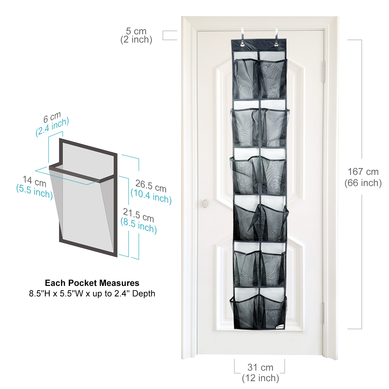 Apalus Over The Door Shoe Organizer, Door-Mounted Storage, Sneakers, Sandals Rack with Mesh Pockets for Easy Storage with 2 Adjustable Door Hooks, Fits Most Door Types/Sizes (12 Pockets)